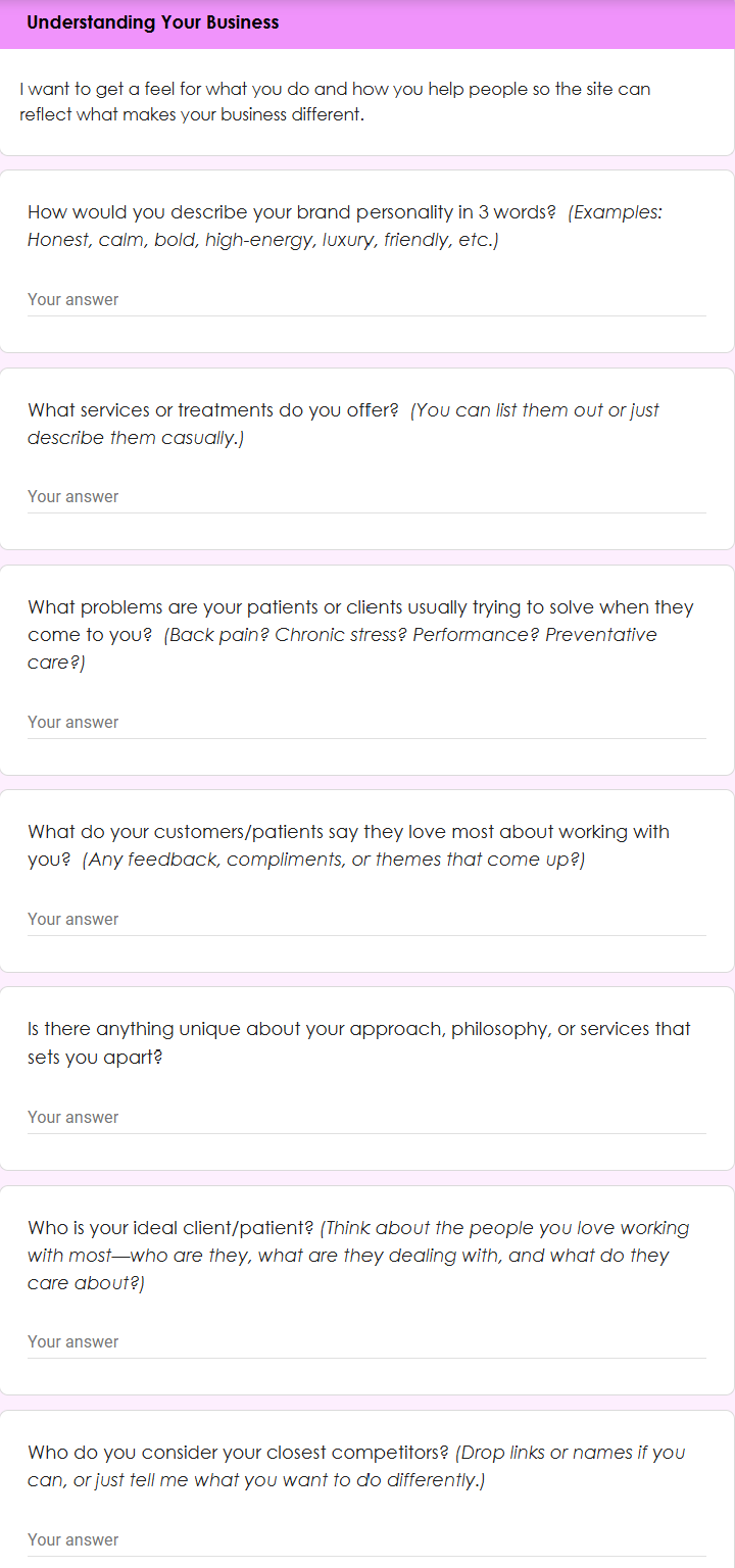 Second page of the discovery questions