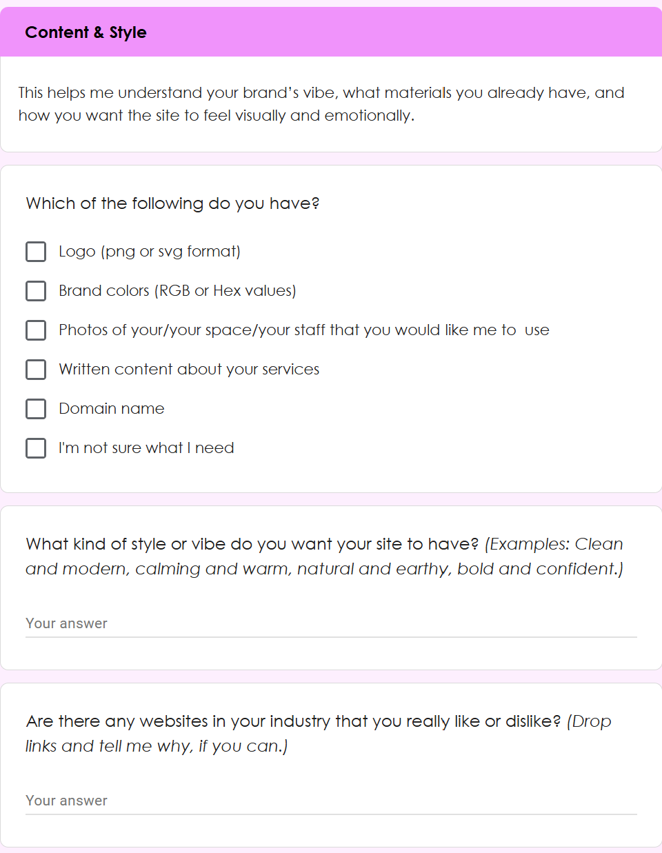 Fourth page of the discovery questions
