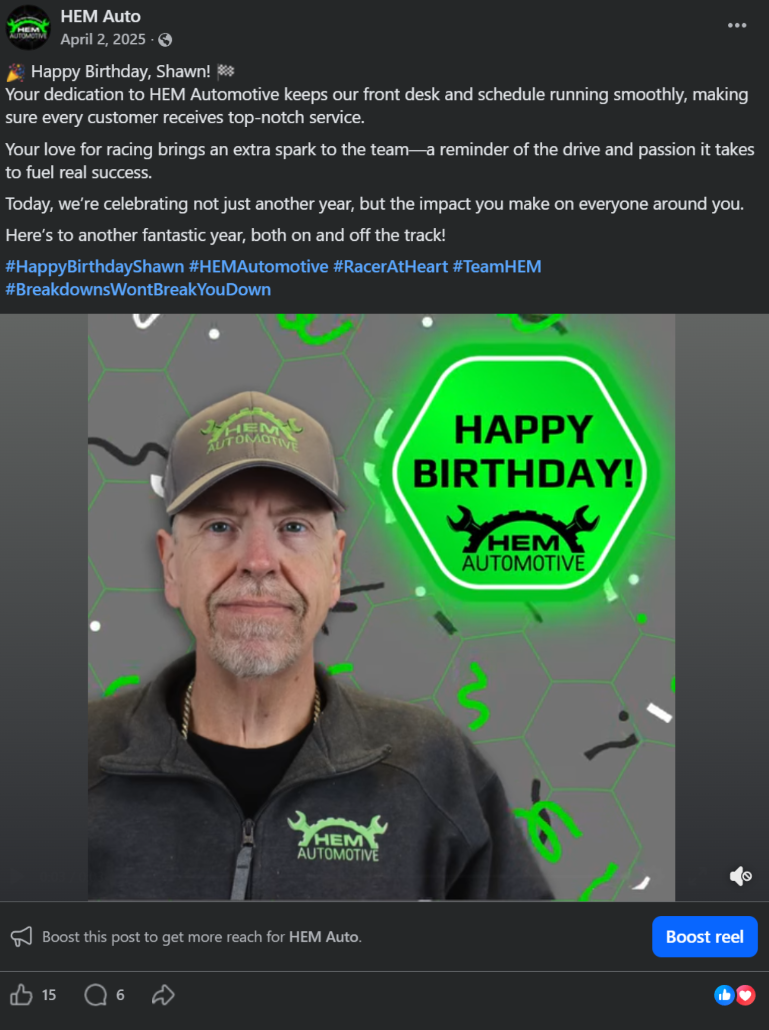 HEM Automotive team birthday social media post