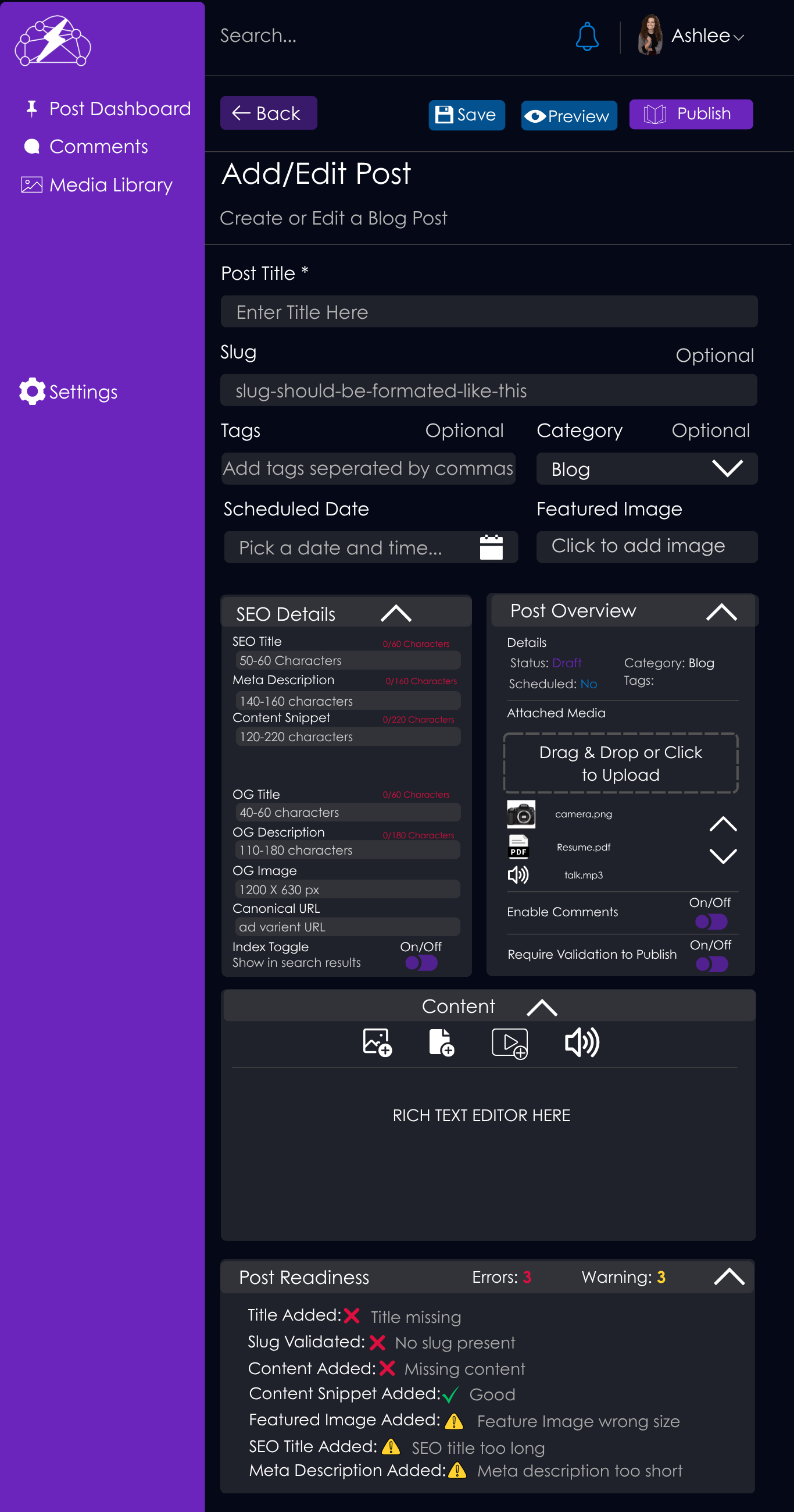 StormyOps CMS add/edit post screen